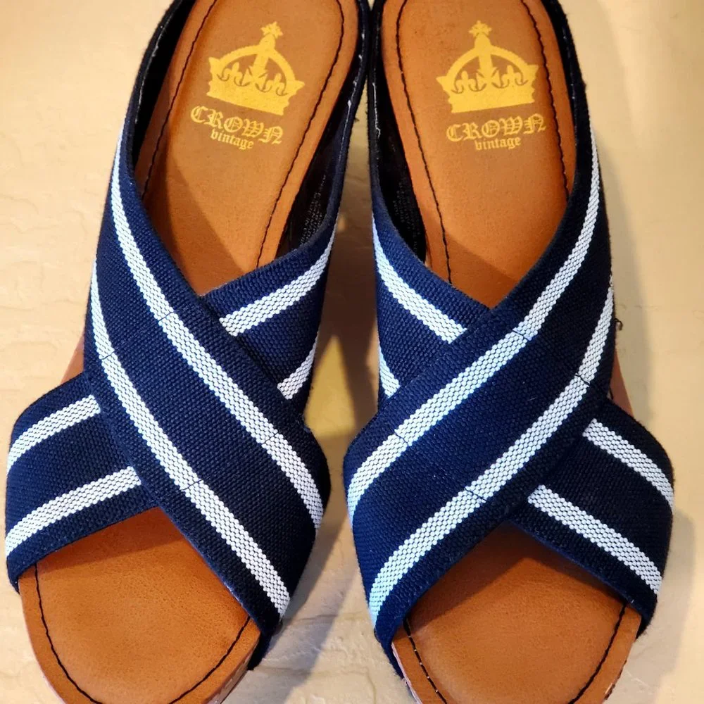Cork Wedge Navy Blue & White Sandals Slip On Shoes Wedge Nautical Espadrilles